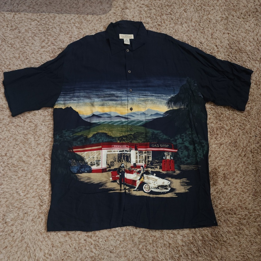 Natural Issue Button Up Shirt Men XLT Navy Blue Rayon Vintage Gas Station